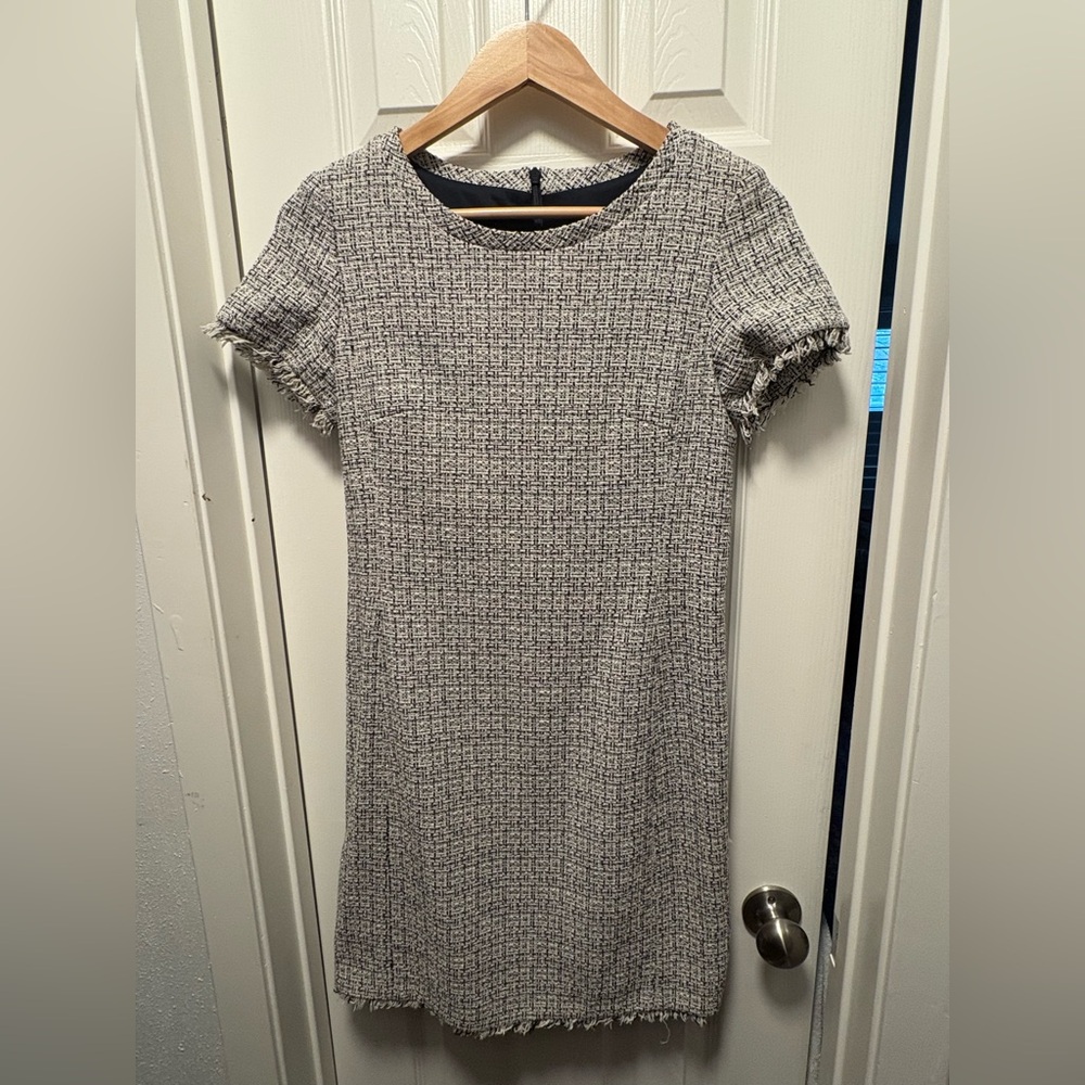 Max Mara Weekend Sheath Dress | Black, Cream Metallic Tweed with Fringe Edges